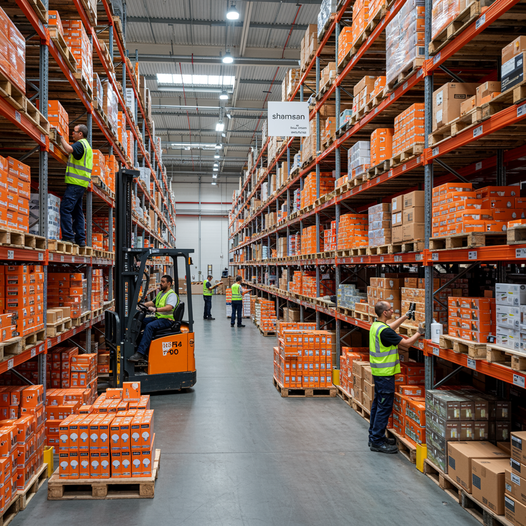 Workers organizing boxes on tall warehouse shelves with forklift in action, showcasing large-scale inventory storage and logistics operations.
