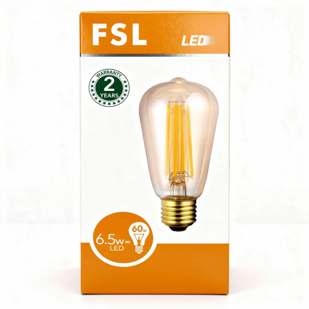 FSL 6.5W LED filament lamp, 60W equivalent, featuring amber glass and E27 base. Vintage Edison style with a 2-year warranty for decorative lighting.