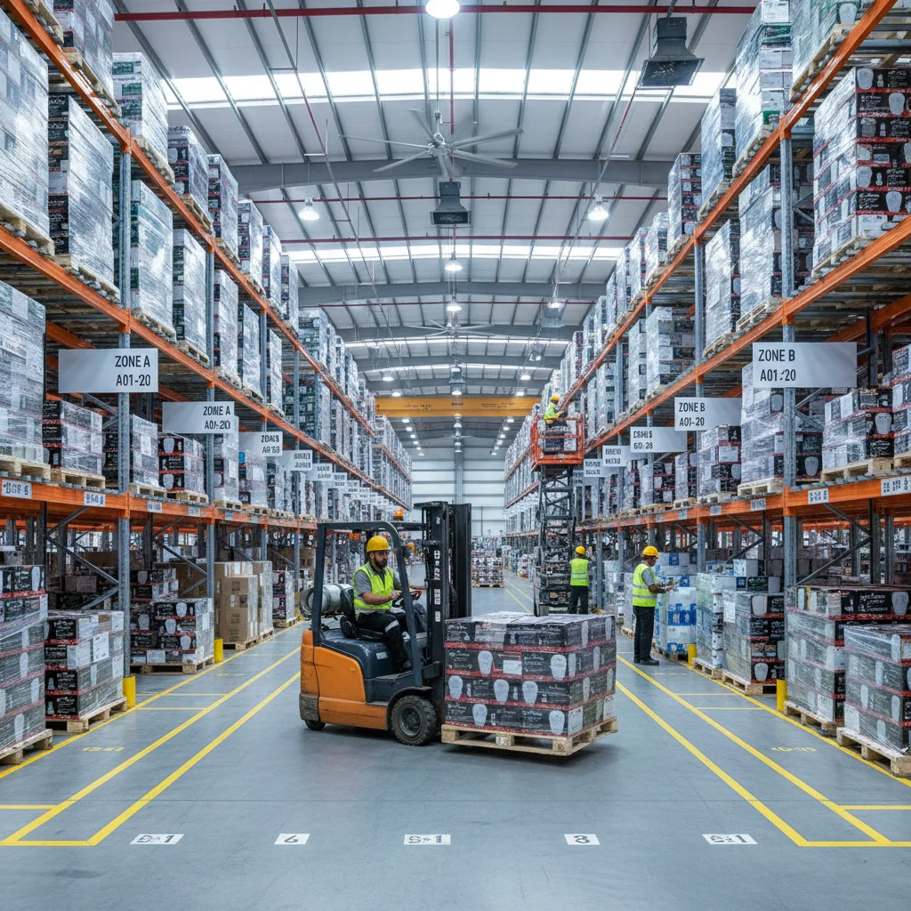 Forklift operator moving pallet boxes inside large industrial warehouse with organized storage racks, highlighting logistics and supply chain operations.