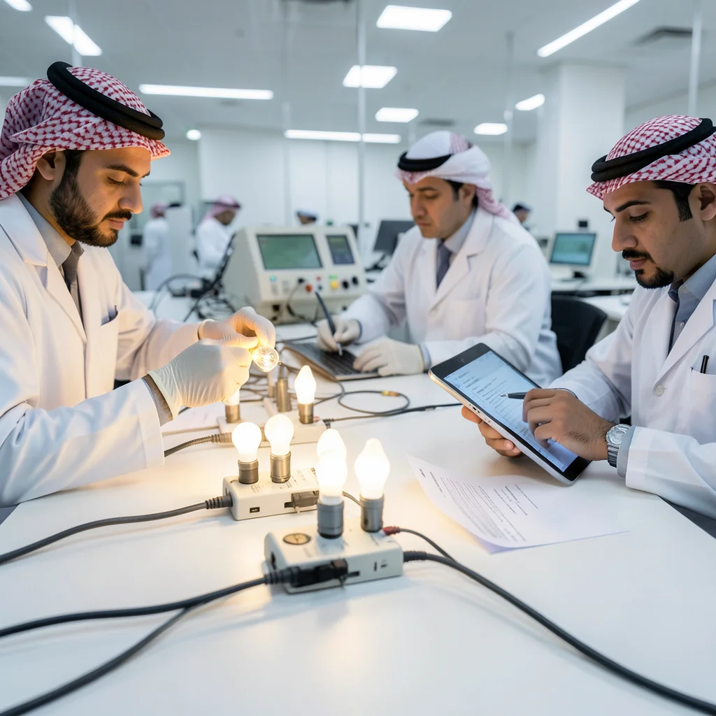 Engineers in a modern laboratory testing LED light bulbs and electrical equipment, analyzing performance and energy efficiency data on tablet devices.