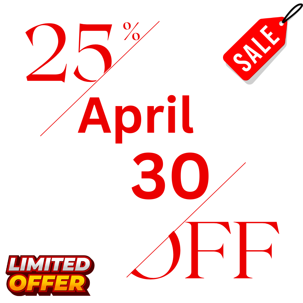 April sale banner showing 25% and 30% off limited time offers.